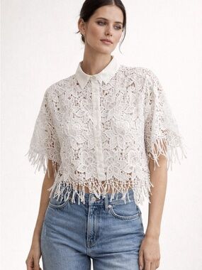 Walter Baker Ollie Top White Lace Fringe Blouse Size L NWT
